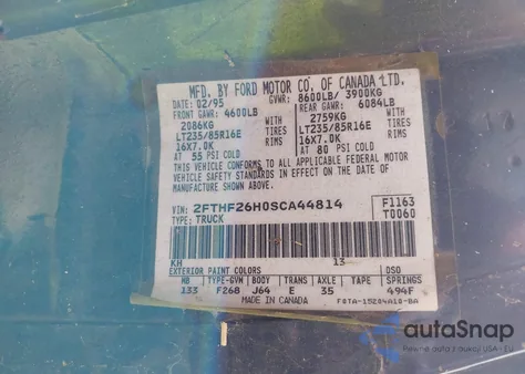 1995 Ford F250 z USA, uszkodzony, nr VIN 2FTHF26H0SCA44814